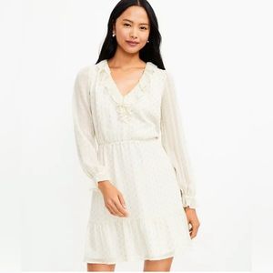 Loft XS petite off-white and gold polka dots long sleeve dress